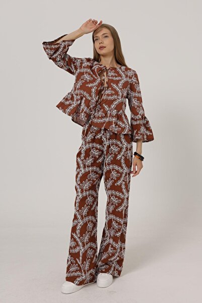 Trend Alaçatı Stili Γυναικείο καφέ παντελόνι με αυτοκεντημένη επένδυση άνετο κοψίματος VS00526