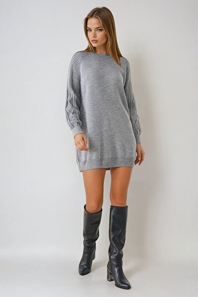 Trend Alaçatı Stili Kadın Gri Örgü Detaylı Balon Kollu Triko Elbise Vs01437