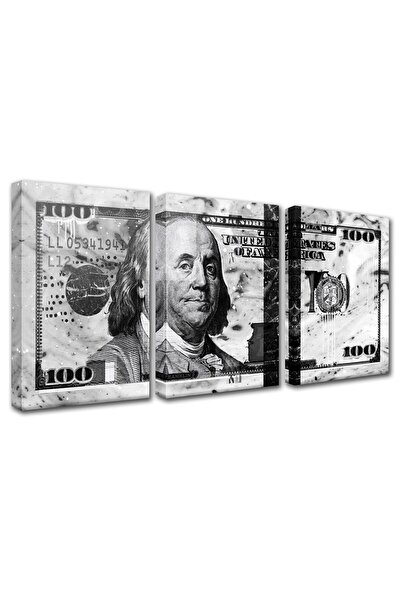 ALAYRA International لوحة جدارية من قماش أبيض وأسود من ثلاث قطع من ALAYRA، تحمل صورة ورقة نقدية من فئة 100 دولار أمريكي، وصورة بنجامين فرانكلين.