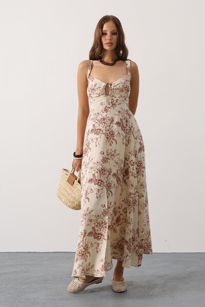 Trend Alaçatı Stili Kadın Kahve Çicek Desenli Askılı Müslin Elbise Vs00649