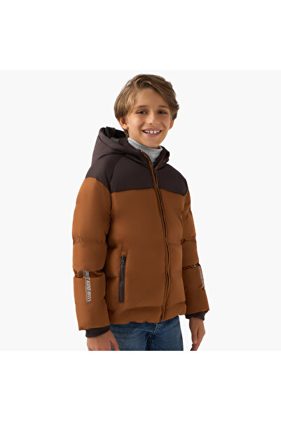 Juniors Colourblock Hooded Heavy Jacket with Long Sleeves and Zip Closure