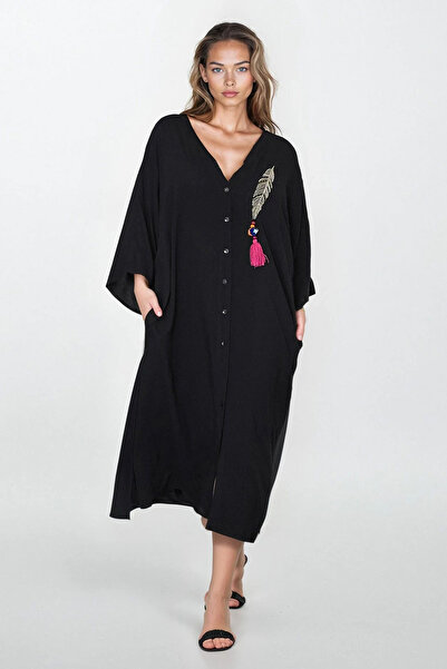 VAGGON Women's Black Buttoned Double Pocket Embroidered Plus Size Dress Vs00313