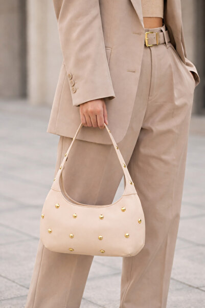 World Star Krem Trok Taşlı Kadın Oval Orta Boy El Ve Omuz Çanta