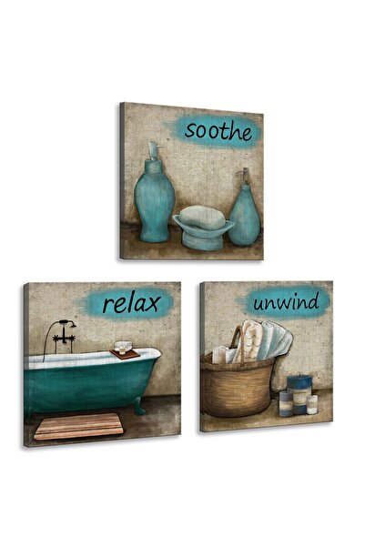 ALAYRA International مجموعة ألايرا المكونة من 3 قطع من لوحات جدارية قماشية للحمام، بتصميم أزرق مخضر، تتضمن حوض استحمام ومنشفة، للاسترخاء والراحة.