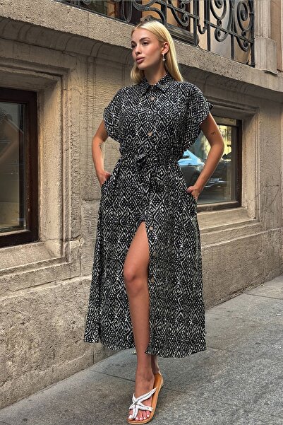 Trend Alaçatı Stili Kadın Siyah Desenli Kuşaklı Düğme Kamapalı Gömlek Yaka Mi...