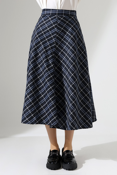 Hisleria تنورة ميدي مربعات بخصر مرتفع وجيوب بسحاب - أزرق داكن