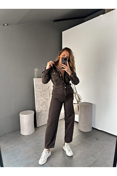 Zerrincan Giyim Kahve Düğmeli Orijinal Kot Tulum
