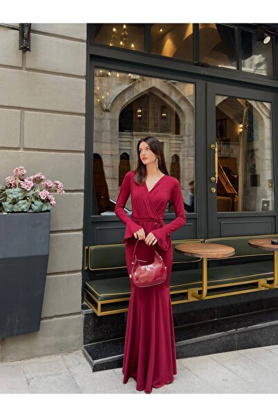 GİZONLY فستان سهرة بأكمام طويلة من قماش السكوبا المرن باللون العنابي مع تفاصي...