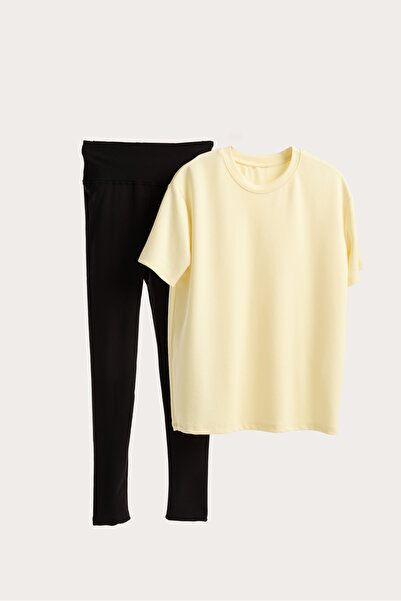 Moda Days Women's Colorful Corded Fabric Leggings and Oversized Basic T-Shirt Two-Piece Set