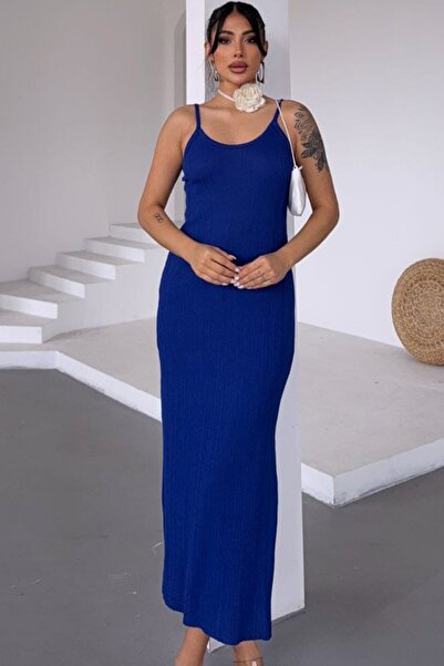 Trend Alaçatı Stili Women's Saks Thin Rope Strap Back Low-Cut Slit Midi Length Dress Vs00775