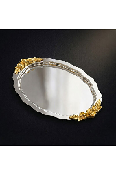 Fabrication 6’lı Gümüş Renk Oval Gül Çiçek Aksesuarlı Lüx Modern Kahve Sunum Tepsisi
