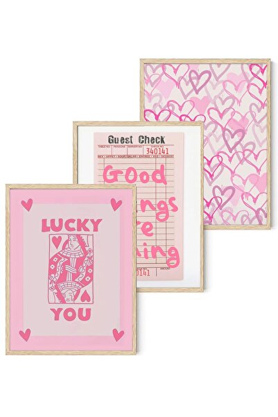 ALAYRA International مجموعة ملصقات ALAYRA العصرية الأنيقة، ثلاث لوحات جدارية قماشية وردية اللون تحمل صورة "محظوظ أنت" وملكة القلوب في لعبة البوكر.