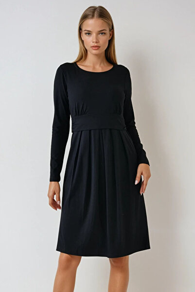 Trend Alaçatı Stili Kadın Siyah Yuvarlak Yaka Çeyrek Kol Beli Büzgülü Pileli ...