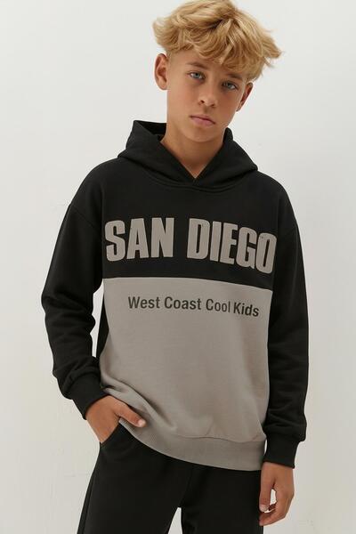 Perendi Boy's Hooded Piece Detailed Sweatshirt - Black/Grey