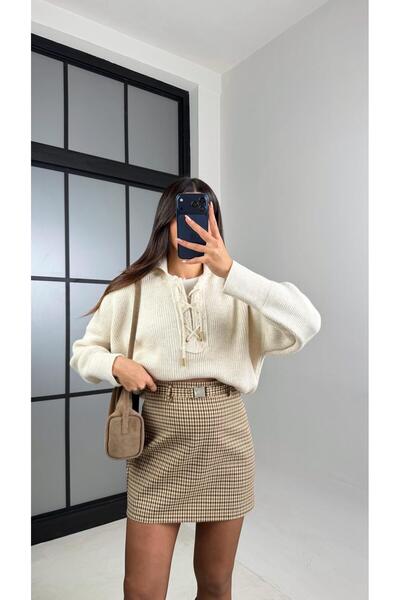 Gaus Yellow Gingham Patterned Belted Skirt Gaus-00902