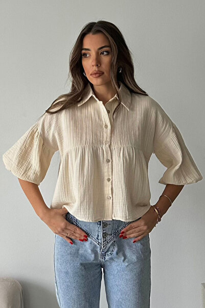 Trend Alaçatı Stili Women's Cream Short Sleeve Muslin Fabric Premium Shirt Vs...