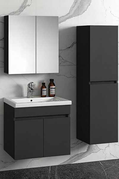 Genel Markalar Modern Viena 80 cm Antrasit MDF Hilton Banyo Dolabı Takımı Ayn...