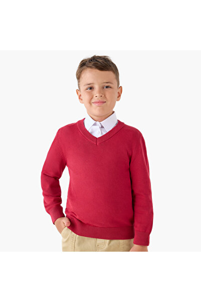 Juniors Solid Sweater with V-neck and Long Sleeves