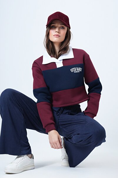 Trend Alaçatı Stili Kadın Bordo Renk Bloklu Polo Yaka Sweatshirt Vs01549