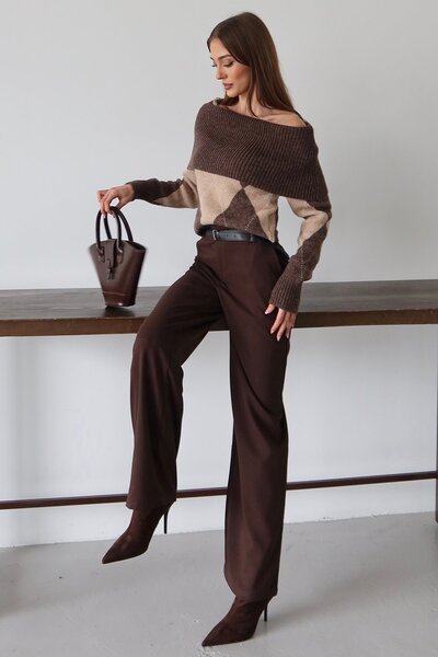 Trend Alaçatı Stili Women's Bitter Brown Belted Double Pocket Palazzo Pants Vs01484