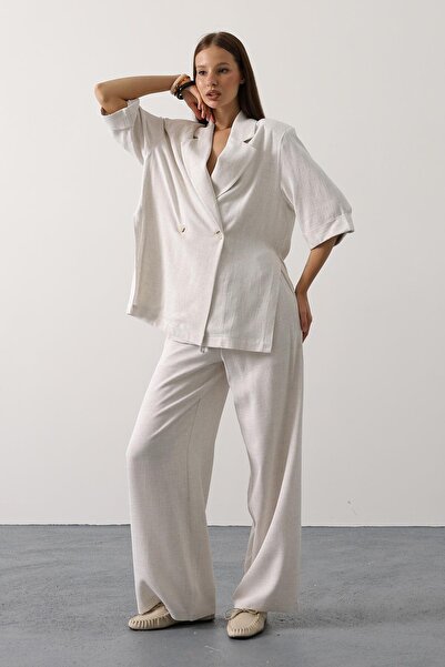 Trend Alaçatı Stili Women's Cream Waist Lace Detailed Linen Trousers Vs00619