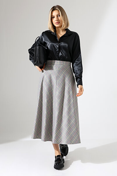 Hisleria تنورة نسائية متوسطة الطول بخصر مرتفع وسحاب وجيوب ونقشة مربعات