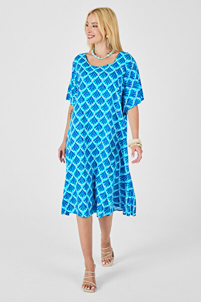 Trend Alaçatı Stili Kadın Bebe Mavi U Yaka Kısa Kollu Midi Boy Desenli Elbise...