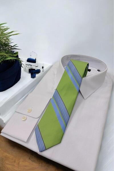 Sarar Microfibre 7 cm Striped Pistachio Green-Blue Tie Kr-33