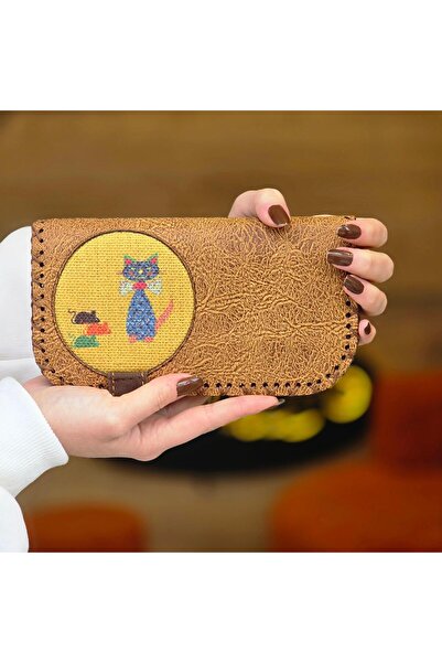 HOODİEMOUSE Large Wallet with Cat Mouse Figure Ethnic Bohemian Retro Vintage Style - Mustard