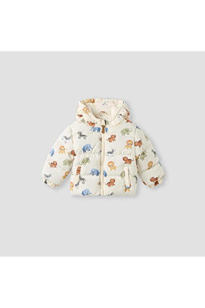 Juniors Animal Print Padded Puffer Jacket with Hood and Long Sleeves