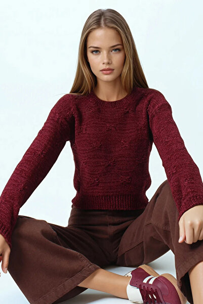 Trend Alaçatı Stili Women's Burgundy Embossed Patterned Crew Neck Long Sleeve...