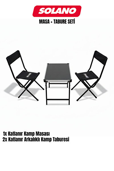 Solano Katlanır Dayanıklı Kamp Masa ve Tabure Seti (1x Kamp Masası 2x Arkalıklı Tabure) Kamp, Doğa, Piknik
