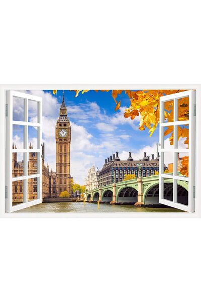 ALAYRA International لوحات جدارية ثلاثية الأبعاد بتأثير نافذة من ALAYRA، ملصقات ديكور غرفة نوم عائلية عصرية مستوحاة من ساعة بيغ بن، لندن وستمنستر