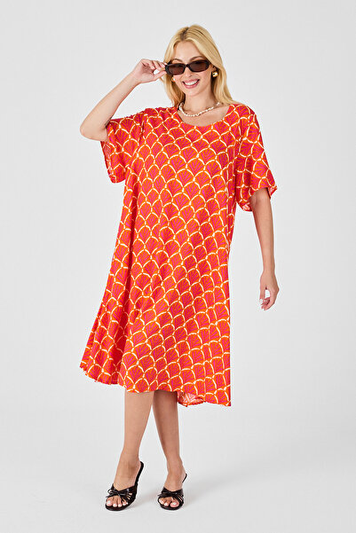 Trend Alaçatı Stili Γυναικείο πορτοκαλί φόρεμα με κοντό μανίκι με λαιμόκοψη σ...