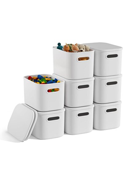 SUPPLIER صناديق تخزين بيضاء قابلة للتكديس مع أغطية، عبوة من 8 قطع