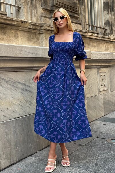 Trend Alaçatı Stili Women's Navy Blue Square Neck Gipeli Patterned Midi Lengt...