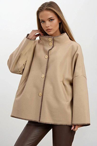Trend Alaçatı Stili Дамско бежово палто с копчета, широки ръкави, контрастни ...
