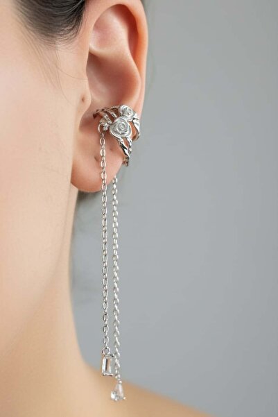 TAKIŞTIR Gümüş Renk Çiçek Figürlü 14K Altın Kaplama Kulak Aksesuarı (Tek)