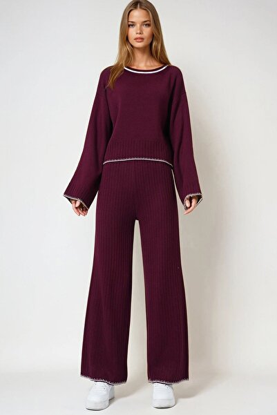 Trend Alaçatı Stili Women's Burgundy Ribbed Casual Sweater and Knitwear Pants...