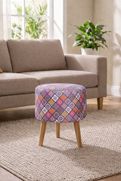 MEFAKS TEKSTİL Yuvarlak Dijital Baskılı Ahşap Ayaklı Puf, Tabure Salon & Otur...