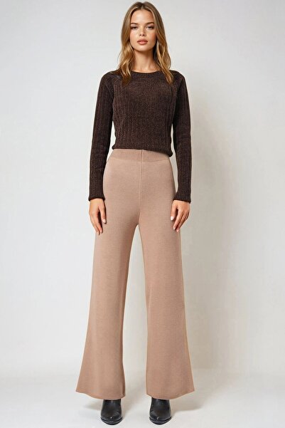 Trend Alaçatı Stili Kadın Bisküvi Yüksek Bel Beli Lastikli Triko Palazzo Pant...