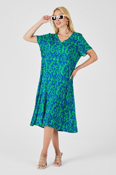 Trend Alaçatı Stili Women's Green Blue Patterned V-Neck Midi Length Dress Vs00819
