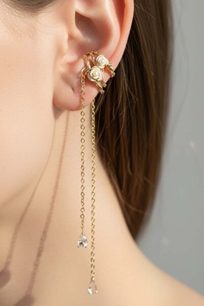 TAKIŞTIR Altın Renk Çiçek Figürlü 14K Altın Kaplama Kulak Aksesuarı (Tek)