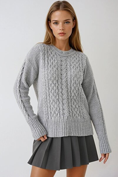 Trend Alaçatı Stili Women's Gray Thick Knitted Patterned Crew Neck Sweater Vs...