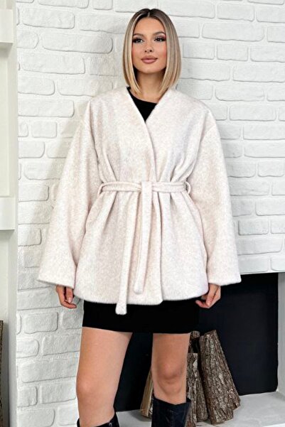 Trend Alaçatı Stili Women's Ecru Belt Detailed Lined Camel Hair Fur Lined Coa...