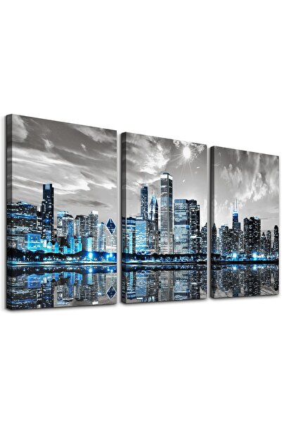 ALAYRA International ديكور حائط ALAYRA لغرفة المعيشة، صور حديثة لأفق مدينة شيكاغو، لوحات جدارية كبيرة من القماش لـ