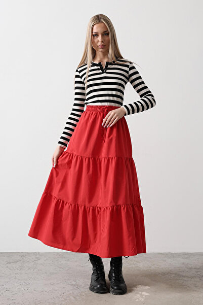 Trend Alaçatı Stili Fusta roșie cu șireturi pentru femei, cu talie elastică, ...