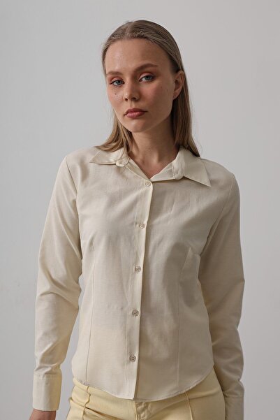 Trend Alaçatı Stili Γυναικείο πουκάμισο εκρού με λεπτή εφαρμογή μακρυμάνικο β...