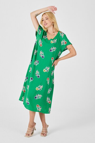 Trend Alaçatı Stili Women's Green Patterned Deep V-Neck Midi Dress Vs00813