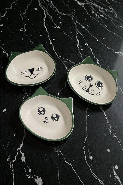ALBETTO 3 lü Seramik Mama Tabak, Çocuk Tabağı Kedili Yeşil
